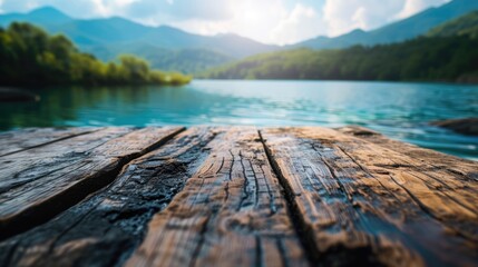 Wall Mural - The close up picture of the empty table that has been made from the wood material and placed inside the forest near lake and mountain, forest is a large and densely wooded area with ecosystem. AIGX02.