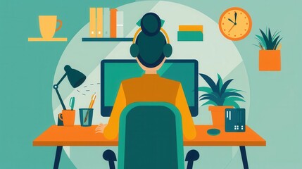 Poster - Telework productivity, efficient work environment at home, flat design illustration