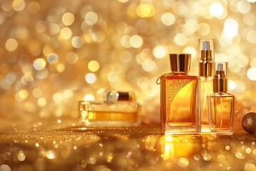 Luxurious perfume bottles with golden bokeh lights luxury scent concept