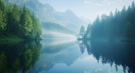 Sticker - a lake surrounded by trees and fog in the sky with mountains in the background