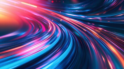 Poster - Glowing neon light trails forming abstract curved shapes in vibrant colors against a dark background