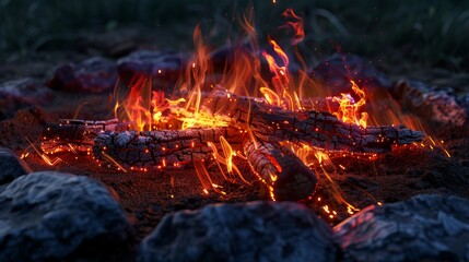 Poster - Vibrant campfire flames with detailed wood texture and glowing coals