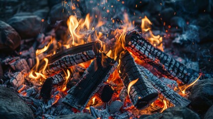 Poster - Vibrant campfire flames with detailed wood texture and glowing coals