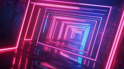 Aufkleber - Vibrant 3D animation of a neon tunnel with rotating square frames, abstract background
