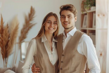 Wall Mural - Portrait of a glad couple in their 20s dressed in a polished vest over modern minimalist interior