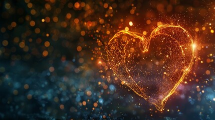 Poster - Sparkling particle heart glowing on a dark background, copy space