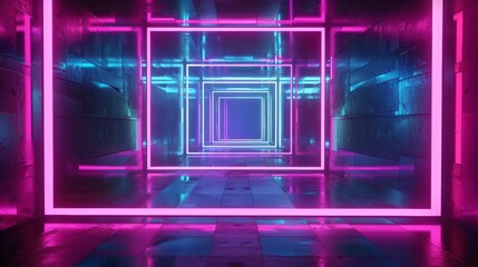 Poster - Rotating square frames in a vibrant neon tunnel, looped 3D animation, abstract background