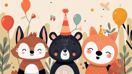 Wall Mural - Cute Animals Celebrating Birthday With Balloons and Hats.