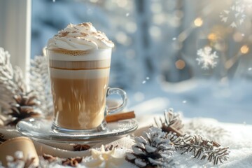 Canvas Print - Aromatic coffee latte with whipped cream standing on snow on sunny winter day