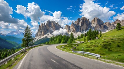 Road in mountains at sunny day in summer Dolomites Italy Beautiful roadway green tress high rocks blue sky with clouds Landscape with empty highway through the mountain pass in spring  : Generative AI