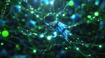 Aufkleber - Futuristic 3D animation of neural network with glowing blue and green nodes