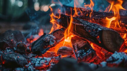 Poster - Detailed view of burning wood in a campfire with glowing embers