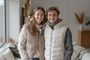 Wall Mural - Portrait of a smiling caucasian couple in their 20s dressed in a thermal insulation vest in modern minimalist interior