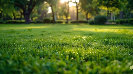 Poster - Closeup of beautiful green lawn in park Action Movement on surface of green lawn in park on sunny summer day Beautiful manicured lawn in park : Generative AI