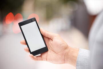 Aufkleber - Screen, cellphone and hand of employee, outdoor and display of mockup, bokeh and businessman with app. Online, digital and mobile for application of schedule for company, communication and person