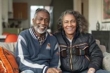 Wall Mural - Portrait of a grinning mixed race couple in their 50s sporting a stylish varsity jacket while standing against modern minimalist interior