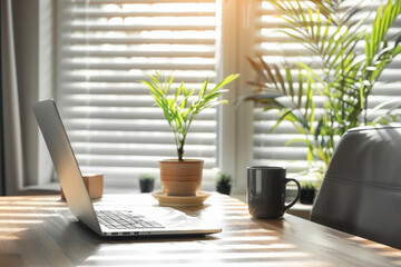 Poster - Laptop is standing on a desk in a sunny home office with plants and a cup of coffee on the table