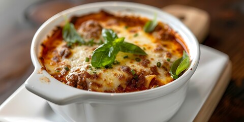 Canvas Print - Closeup of lasagna soup in a white ceramic bowl. Concept Food Photography, Comfort Food, Italian Cuisine, Close-up Shots, Ceramic Tableware