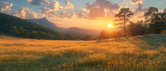 Wall Mural - summer landscape of a green meadow in the countryside with a mountain range in the background under a beautiful blue sky with fluffy clouds during sunrise or sunset with a forest tree