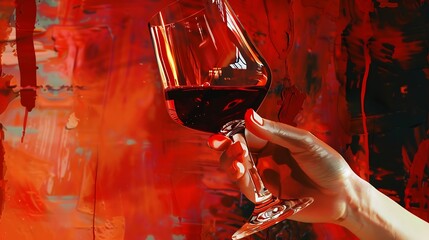 Poster - Cozy friday evening Contemporary art collage Female hand holding drawn glass with red wine Concept of alcohol addiction party taste Pop art style Copy space for ad : Generative AI