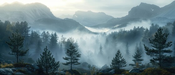 Wall Mural - misty morning landscape of a foggy forest in autumn with sunlit trees and hills rising above the valley floor under a colorful sky with a mountain peak in the background
