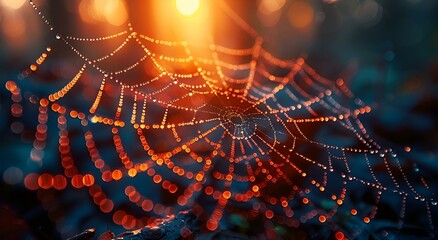 a spider web covered in water drops at sunset.