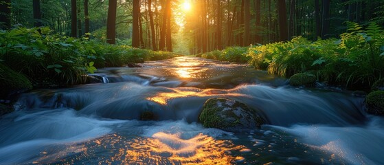 Wall Mural - landscape of a flowing mountain stream with a picturesque waterfall cascading over moss-covered rock