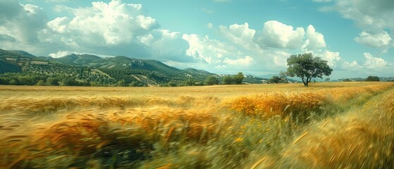 Wall Mural - rolling green hillside with a vast field of golden wheat swaying in the breeze under a bright blue s