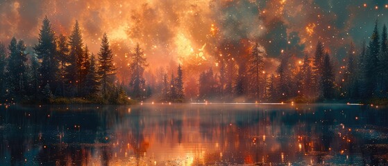 Wall Mural - dramatic and magical landscape of a misty autumn forest at sunset with a serene lake reflecting the vibrant orange sky and a silhouette of trees against the backdrop of a wildfire burning