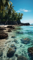 Wall Mural - a beach with a palm tree and a beach with a blue sky and palm trees.