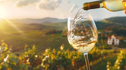 Poster - Wine glass with pouring white wine and vineyard landscape in sunny day Winemaking concept copy space : Generative AI