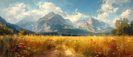 Wall Mural - summer landscape of a serene meadow surrounded by majestic mountains, with a vibrant green forest an