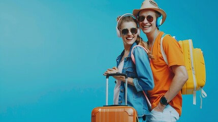 Beautiful young happy couple of tourists with headphones and suitcase on blue background : Generative AI