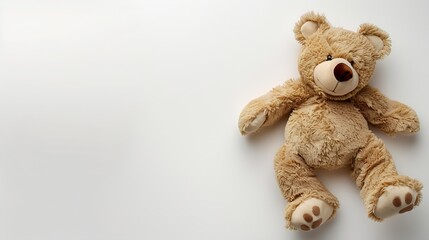 Soft toy bear lies on a white background Top view flat lay : Generative AI