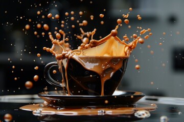 Sticker - Black coffee cup overflowing with coffee splashing through the air, creating a dynamic and captivating scene