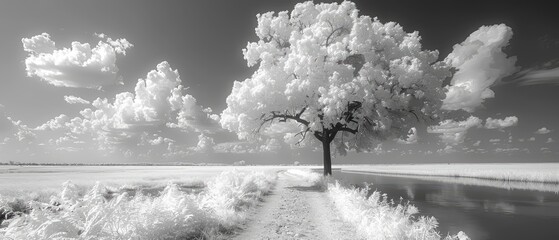 Wall Mural - tree standing alone in a frozen field, under a bright blue sky with a hint of cold sunlight, a tranquil and idyllic rural scenery, frozen in time