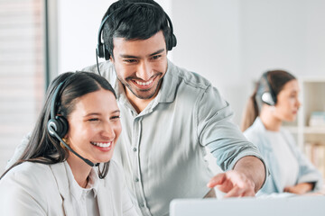 Wall Mural - Collaboration, woman and man with headset in call center for client help, showing pc and coaching in office. Staff, customer service team and computer point for crm internship, teamwork and training