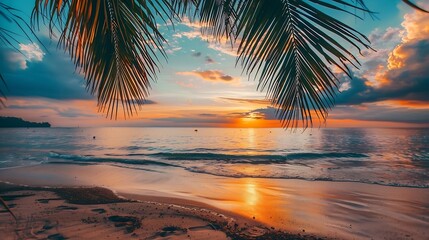 Aufkleber - Beautiful panoramic sunset tropical paradise beach Tranquil summer vacation or holiday landscape Tropical sunset beach seaside palm calm sea panorama exotic nature view inspirational s : Generative AI