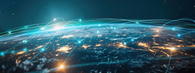 Poster - Visualization of global infrastructure for digital access, focusing on internet satellites and land-based network stations.