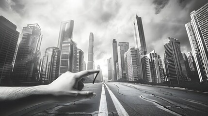 Aufkleber - Female hand drawing lines on road Way to big city Black and white skyscrapers view Retro style Contemporary art collage Concept of surrealism travelling imagination Vertical layout : Generative AI