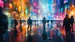 © YOGI C - Silhouettes of People Walking in a Futuristic City with Neon Lights Illustration