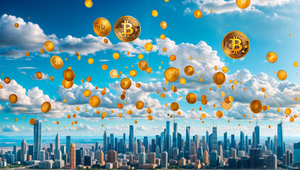 Poster - A rain of bitcoins over the city