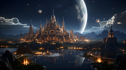 a majestic gothic city illuminated at night with planets in the background, creating a captivating b