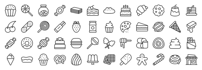 Sweets icon set Containing Honey Jar, Toffee, Swirl, Birthday Cake, Chocolate Bar, Piece Of Cake, Cookie, Donuts, Cake Slice, Brigadeiro, Cotton Candy, Wafer and Honey icons illustration.	
