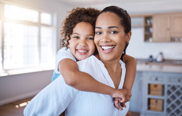 Poster - Portrait, mother and piggyback girl in home for playing game, childhood fun and interaction for family time with love or care. Female child, mom and carrying kid for physical activity and bonding.