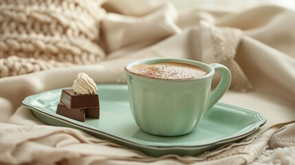 Wall Mural - A green cup of coffee with a chocolate bar on the tray