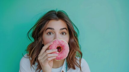 Aufkleber - Cute looking Beautiful girl with blushing cheeks eating pink donut over green background Countryside style Food pop art photography Complementary colors Concept of art beauty Copy spac : Generative AI