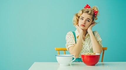 Aufkleber - Delicious Food pop art photography Blonde girl with bow sitting at table and preparing milk flakes with hungry eyes over light blue background Concept of food breakfast vintage retro a : Generative AI