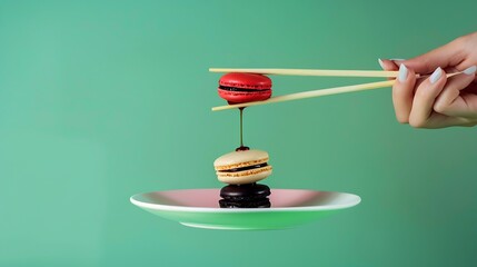 Aufkleber - Cropped image of girl putting sweet macarons into soy sauce with chopsticks over green studio background Food pop art photography Concept of retro style creative vision imagination Swe : Generative AI