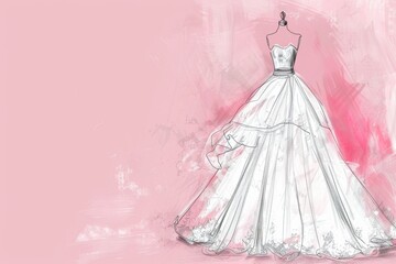 wedding dress fashion illustration sketch on pastel pink background